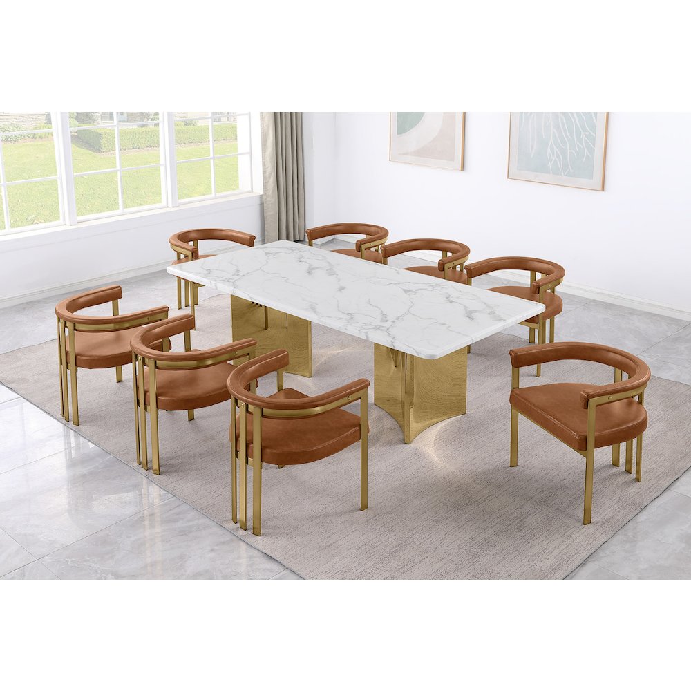 9pc 38mm Marble Top Dining Set Toffee Chiars Gold Base