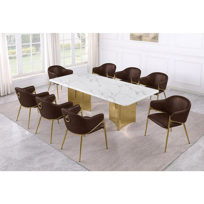 9pc Rectangular White Marble Top with Espresso Boucle Fabric Chairs Gold Base