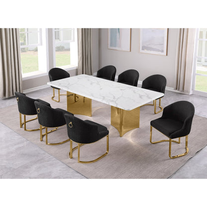 9pc Rectangular Dining Table Set with White Marble Top and Black Chairs