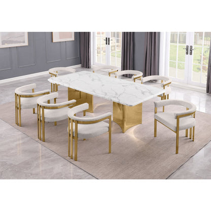 9pc Rectangular White Marble Top with 8 Cream Boucle Fabric Chairs Gold Base