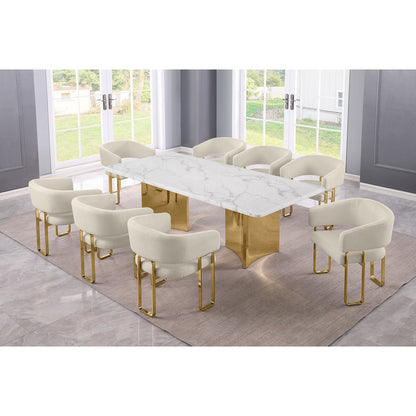 9pc Rectangular Dining Table Set with White Marble Top and Cream Chairs
