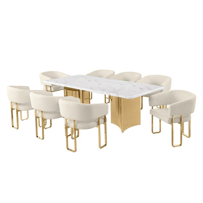 9pc Rectangular Dining Table Set with White Marble Top and Cream Chairs