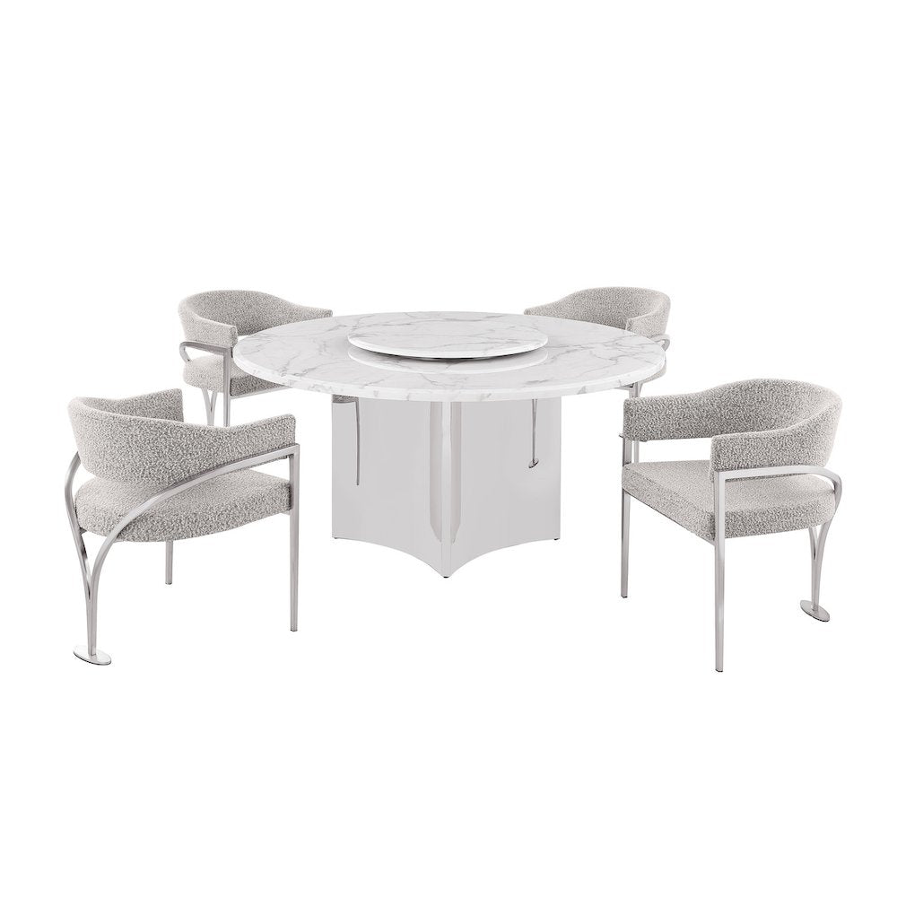 5pc Circle Marble Top With Lazy Susan and 4 Rich Gray Chairs