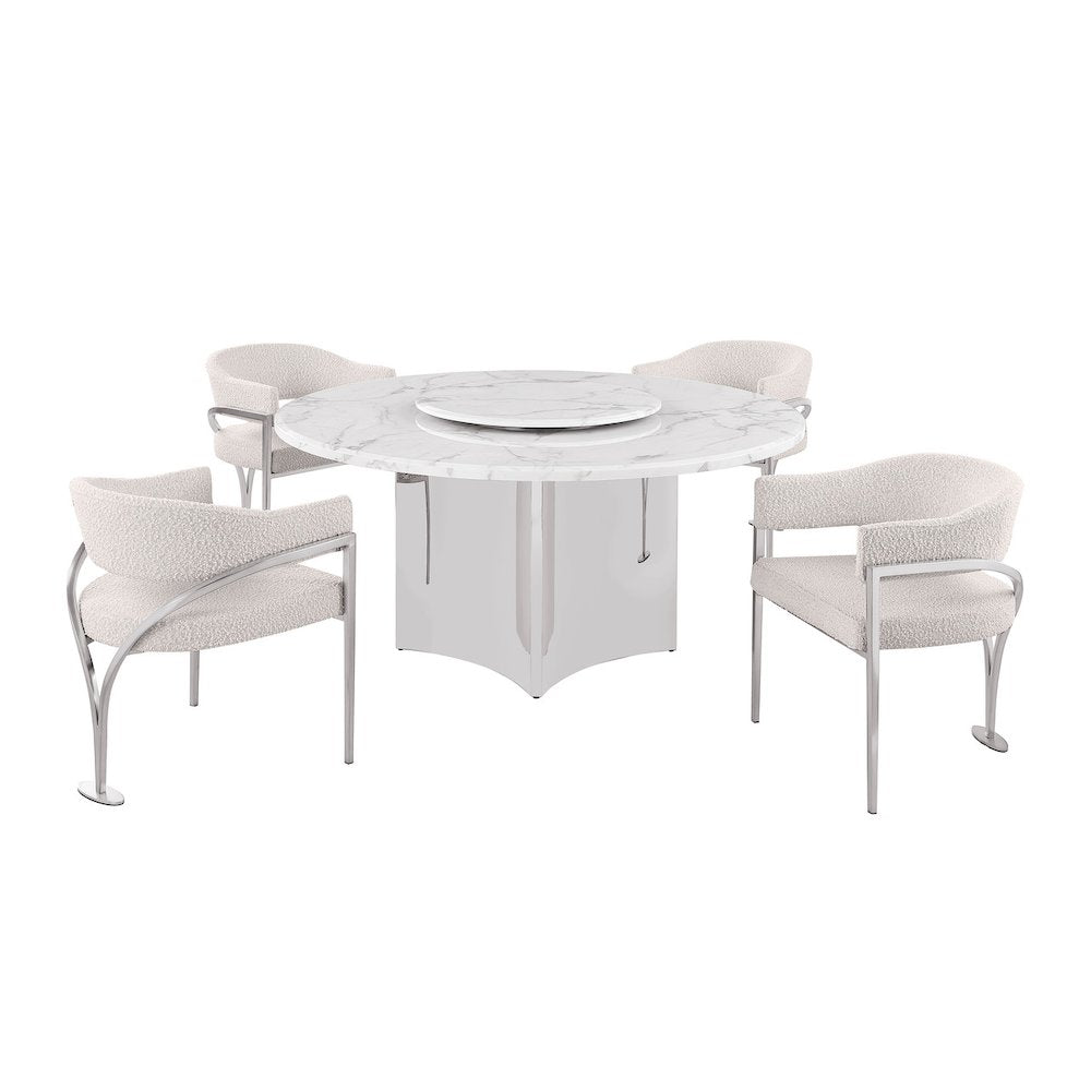 5pc Circle Marble Top With Lazy Susan and 4 Cream Chairs