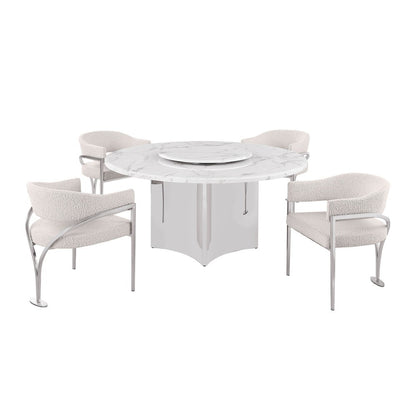 5pc Circle Marble Top With Lazy Susan and 4 Cream Chairs