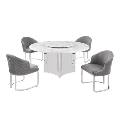 5pc Circle Marble Top With Lazy Susan and 4 Rich Gray Chairs with Silver Base
