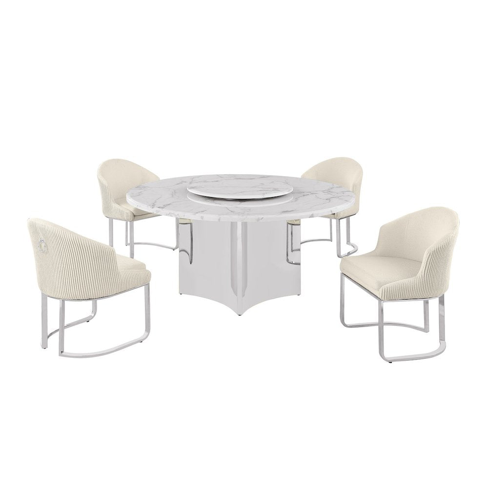 5pc Circle Marble Top With Lazy Susan and 4 Cream Chairs with Silver Base