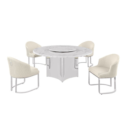 5pc Circle Marble Top With Lazy Susan and 4 Cream Chairs with Silver Base