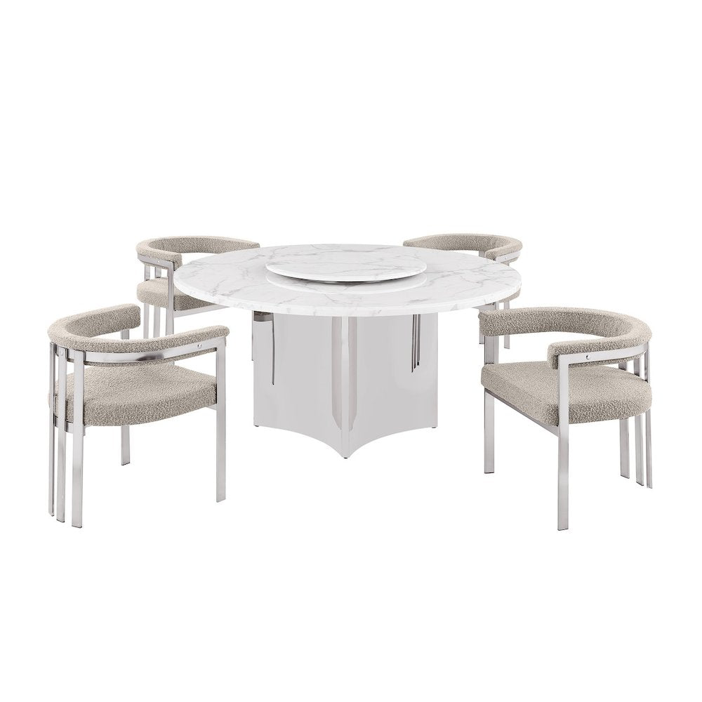 5pc Circle Marble Top With Lazy Susan and 4 Gray Chairs