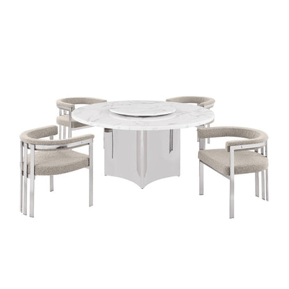 5pc Circle Marble Top With Lazy Susan and 4 Gray Chairs