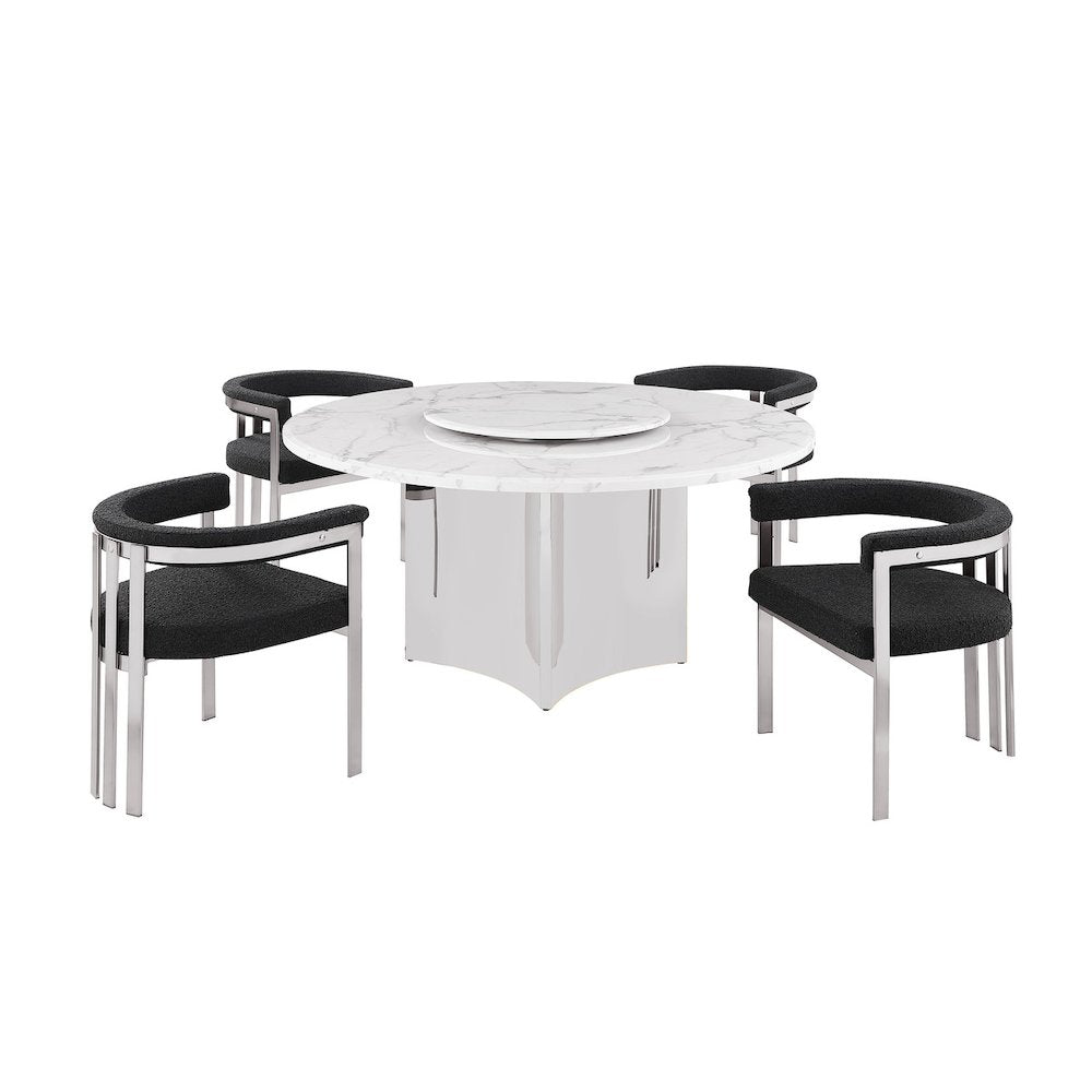 5pc Circle Marble Top With Lazy Susan and 4 Black Chairs
