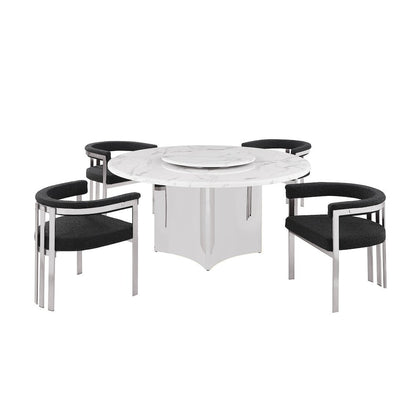5pc Circle Marble Top With Lazy Susan and 4 Black Chairs