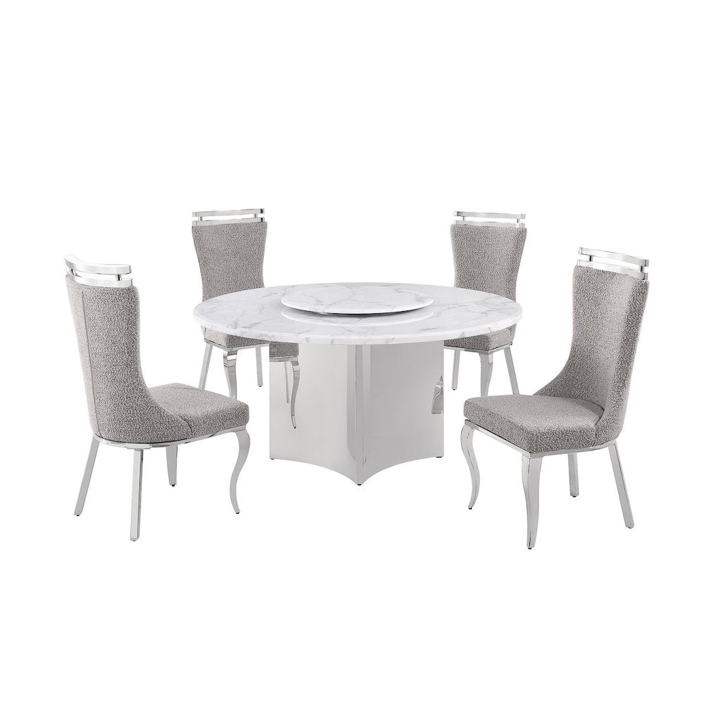 5pc Circle Marble Top With Lazy Susan and 4 Rich Gray Chairs with Silver Base