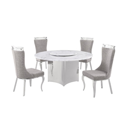 5pc Circle Marble Top With Lazy Susan and 4 Rich Gray Chairs with Silver Base