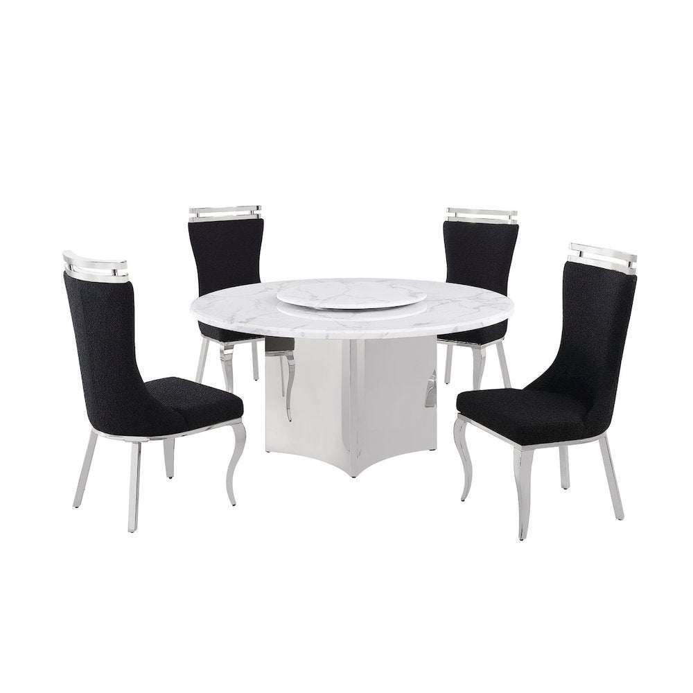 5pc Circle Marble Top With Lazy Susan and 4 Black with Silver Chairs