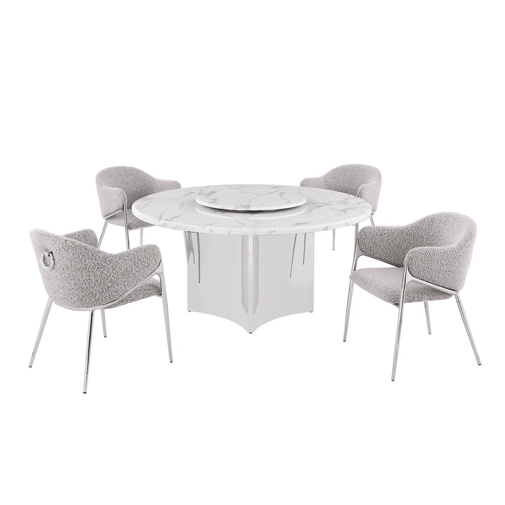 5pc Circle Marble Top With Lazy Susan and 4 Rich Gray Chairs