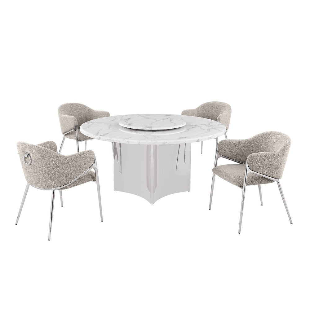 5pc Circle Marble Top With Lazy Susan and 4 Gray Chairs