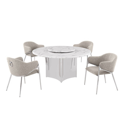 5pc Circle Marble Top With Lazy Susan and 4 Gray Chairs