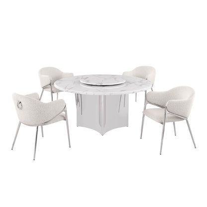 5pc Circle Marble Top With Lazy Susan and 4 Cream Chairs