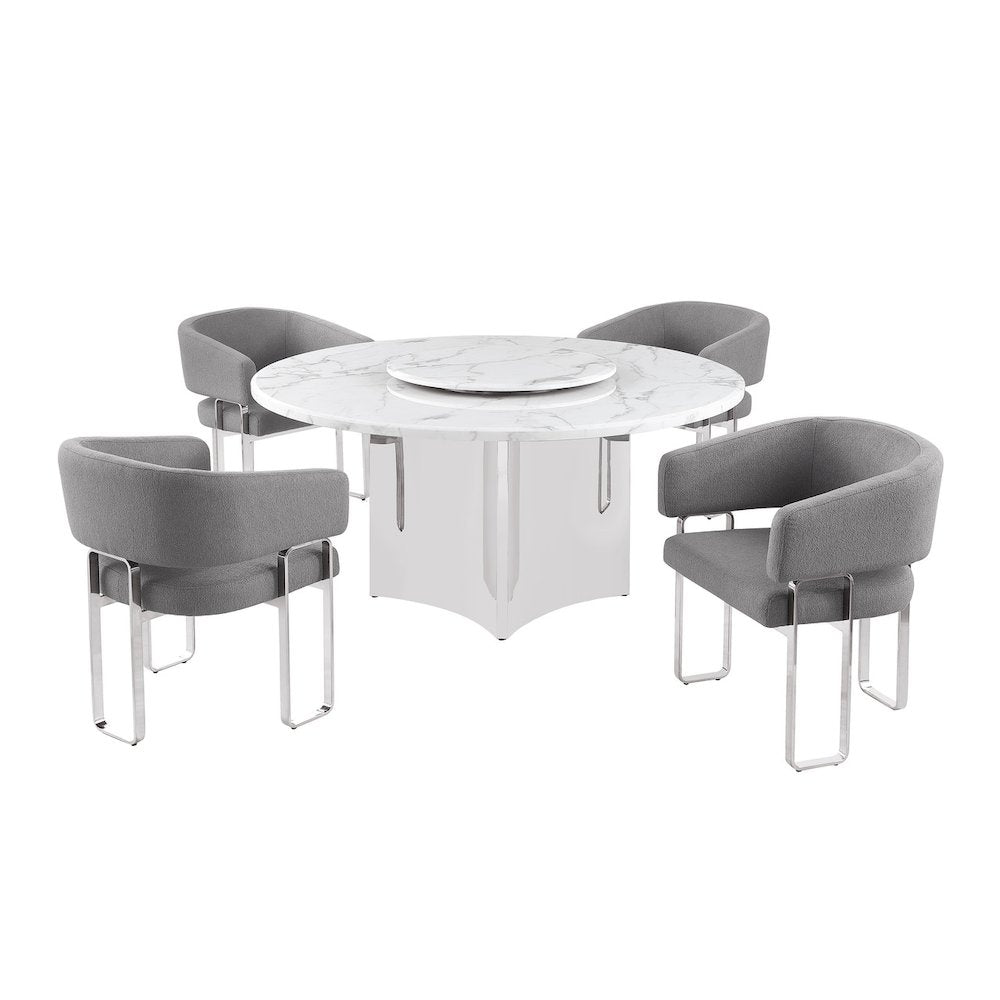 5pc Circle Marble Top With Lazy Susan and 4 Dark Gray Tri-Leg Desing Base