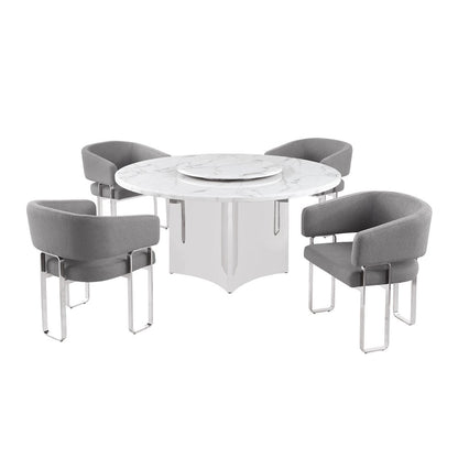 5pc Circle Marble Top With Lazy Susan and 4 Dark Gray Tri-Leg Desing Base