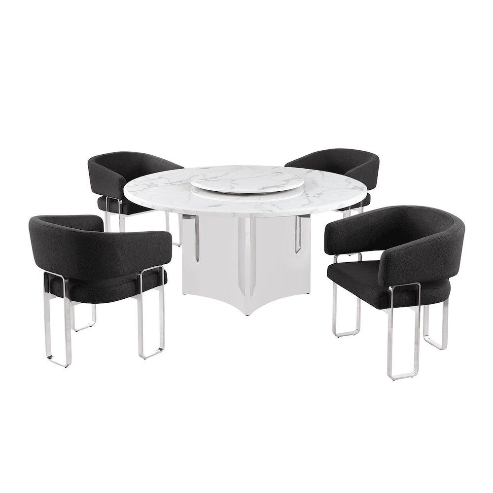 5pc Circle Marble Top With Lazy Susan and 4 Black Tri-Leg Desing Base