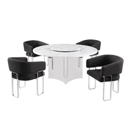 5pc Circle Marble Top With Lazy Susan and 4 Black Tri-Leg Desing Base