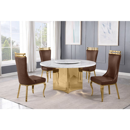 5pc Circle Marble Top Gold Base With Lazy Susan and 4 Mocha Chairs