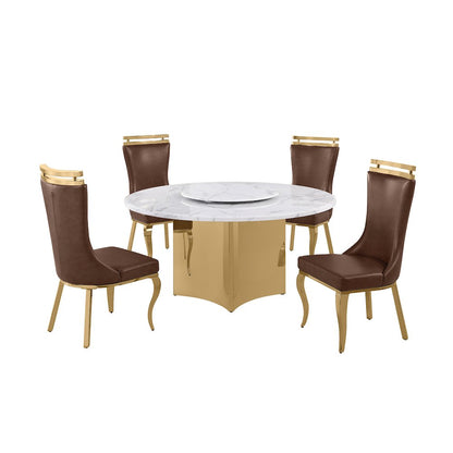 5pc Circle Marble Top Gold Base With Lazy Susan and 4 Mocha Chairs