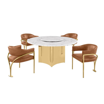 5pc Circle Marble Top Gold Base With Lazy Susan and 4 Toffee Chairs