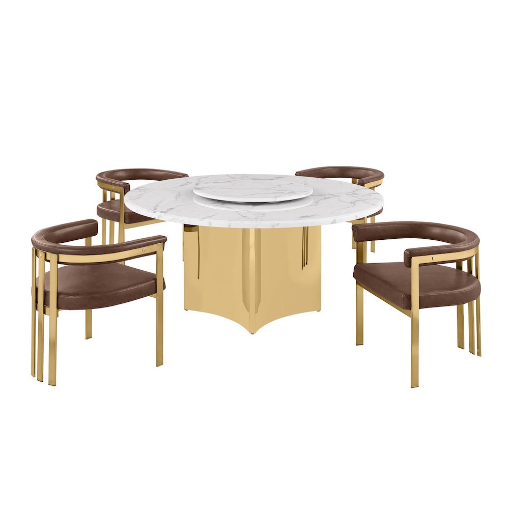 5pc Circle Marble Top Gold Base With Lazy Susan and 4 Mocha Chairs