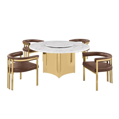 5pc Circle Marble Top Gold Base With Lazy Susan and 4 Mocha Chairs