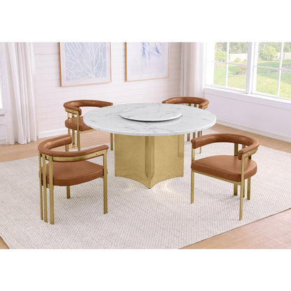 5pc Circle Marble Top Gold Base With Lazy Susan and 4 Toffee Chairs
