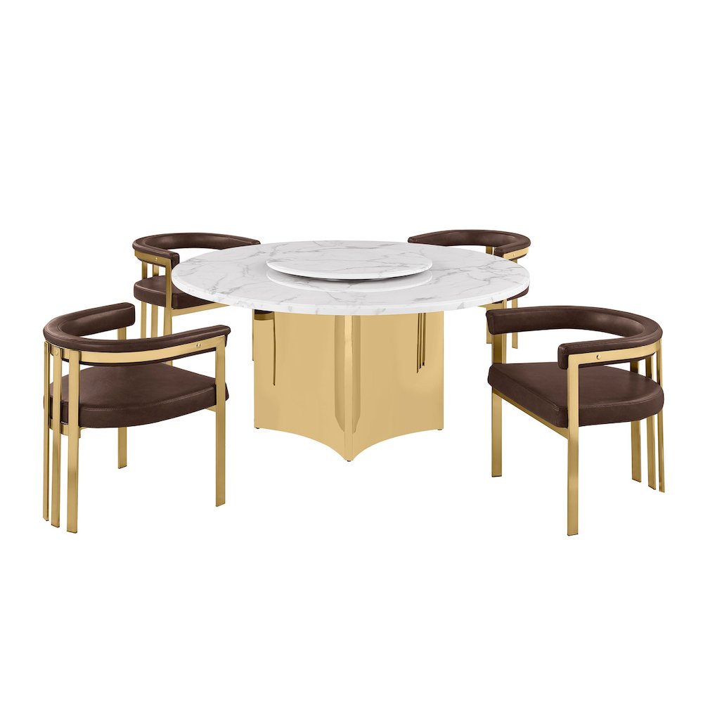 5pc Circle Marble Top Gold Base With Lazy Susan and 4 Espresso Chairs