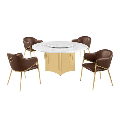 5pc Circle Marble Top Gold Base With Lazy Susan and 4 Mocha Chairs