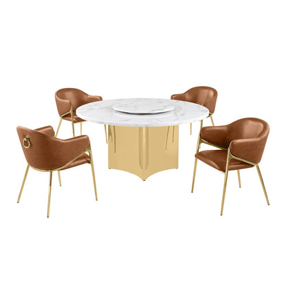 5pc Circle Marble Top Gold Base With Lazy Susan and 4 Toffee Chairs