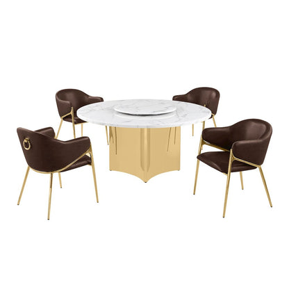 5pc Circle Marble Top Gold Base With Lazy Susan and 4 Espresso Chairs