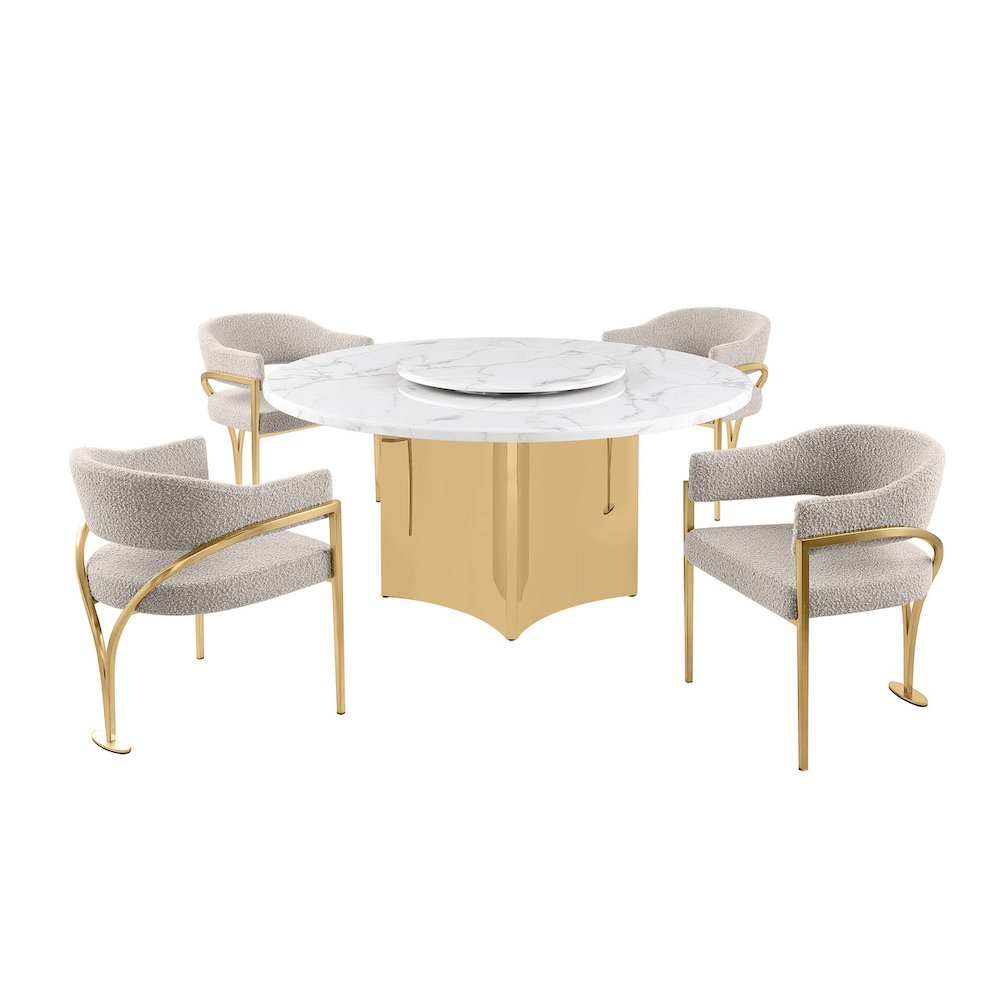 5pc Circle Marble Top Gold Base With Lazy Susan and 4 Gray Chairs