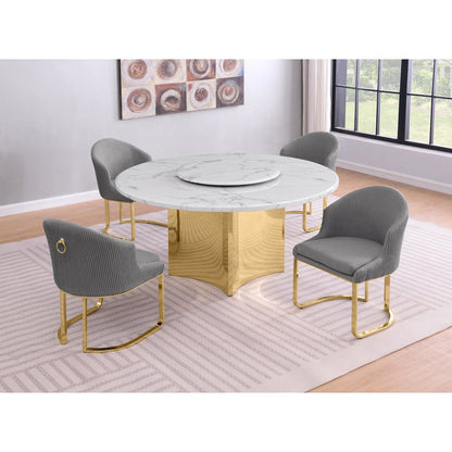 5pc Circle Marble Top With Lazy Susan and 4 Rich Gray Chairs with Gold Base