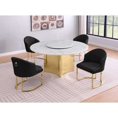 5pc Circle Marble Top With Lazy Susan and 4 Black with Gold Chairs