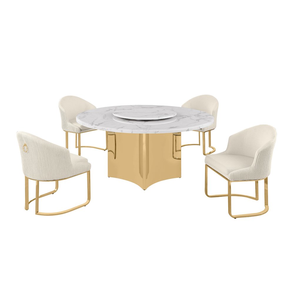 5pc Circle Marble Top With Lazy Susan and 4 Cream Chairs with Gold Base
