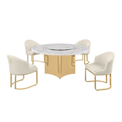 5pc Circle Marble Top With Lazy Susan and 4 Cream Chairs with Gold Base