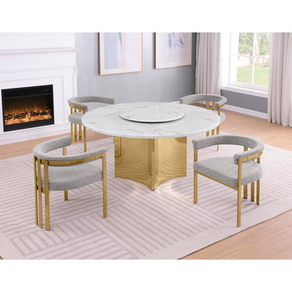 5pc Circle Marble Top Gold Base With Lazy Susan and 4 Rich Gray Chairs