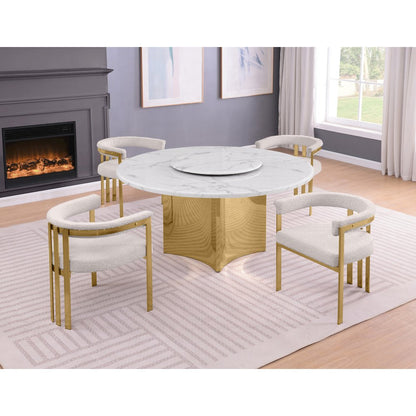 5pc Circle Marble Top Gold Base With Lazy Susan and 4 Cream Chairs