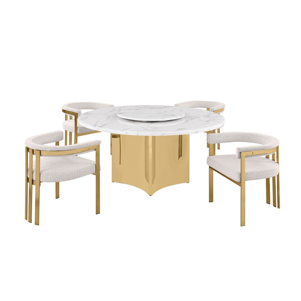 5pc Circle Marble Top Gold Base With Lazy Susan and 4 Cream Chairs