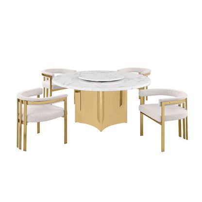 5pc Circle Marble Top Gold Base With Lazy Susan and 4 Cream Chairs