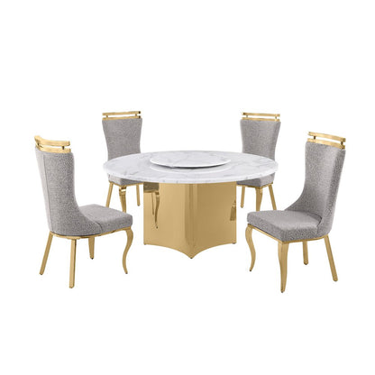 5pc Circle Marble Top With Lazy Susan and 4 Rich Gray Chairs with Gold Base