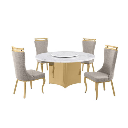 5pc Circle Marble Top With Lazy Susan and 4 Gray Chairs with Gold Base
