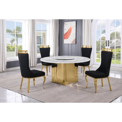 5pc Circle Marble Top With Lazy Susan and 4 Black with Gold Chairs