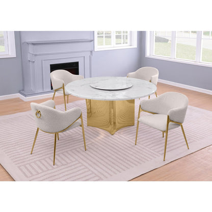 5pc Circle Marble Top With Lazy Susan and 4 Cream Chairs with Gold Base